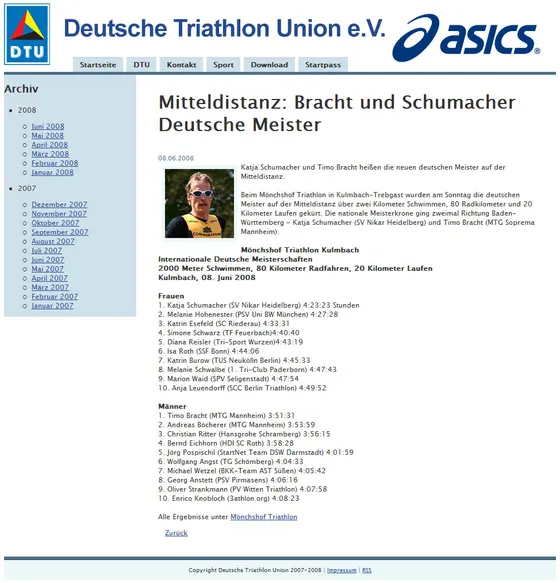 Mitteldistanz: Bracht und Schumacher Deutsche Meister - DTU online v. 08.06.2008