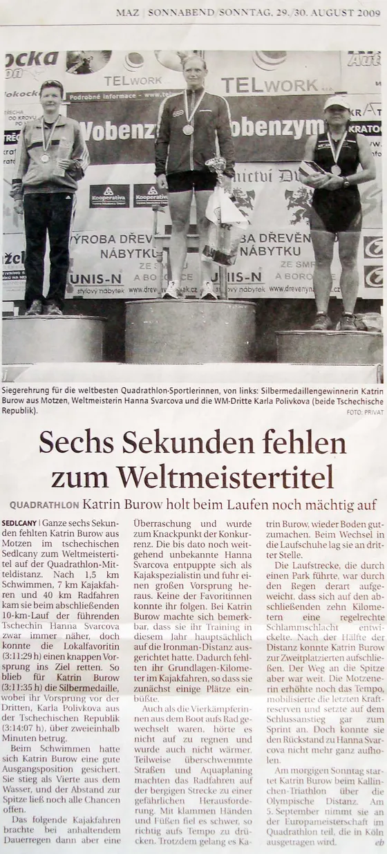 "6 Sekunden fehlen zum Weltmeistertitel" - Märkische Allgemeine Zeitung v. 29./30.08.2009, S. 18