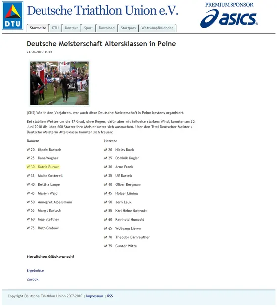 "Deutsche Meisterschaften Altersklassen in Peine" - Internetseite der DTU vom 21.06.2010