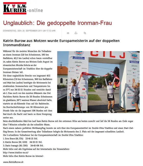 "Unglaublich: Die gedoppelte Ironman-Frau" - KaWe Kurier online vom 29.09.2011