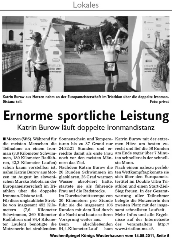 "Enorme sportliche Leistung" - Wochenspiegel Königs Wusterhausen v. 14.09.2011, S. 5