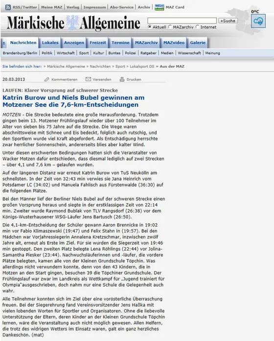 "Klarer Vorsprung auf schwerer Strecke" - Märkische Allgemeine online v. 20.03.2013