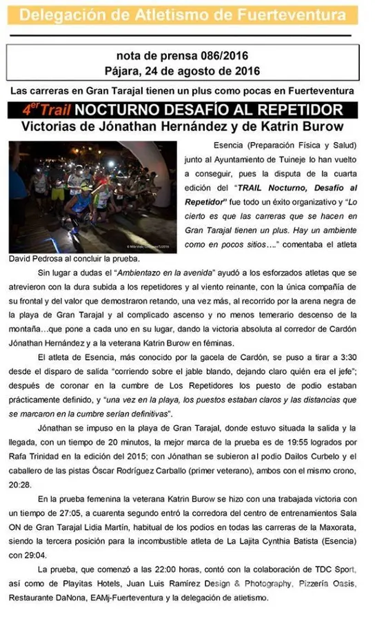 "4. Trail Nocturno Desafío al Repetidor: Victorias de Jónathan Hernández y de Katrin Burow " - Pajara, 24.08.2016